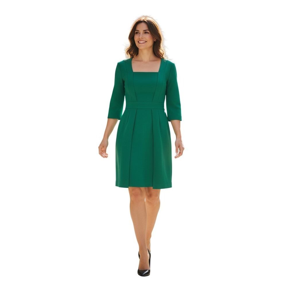 Black Halo Jackie O Sheath Dress Emerald Green Square Neck 3/4 Sleeve 8 Made USA
